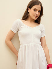 Women White Poplin Smocked Midi Dress-SFDRSS13135