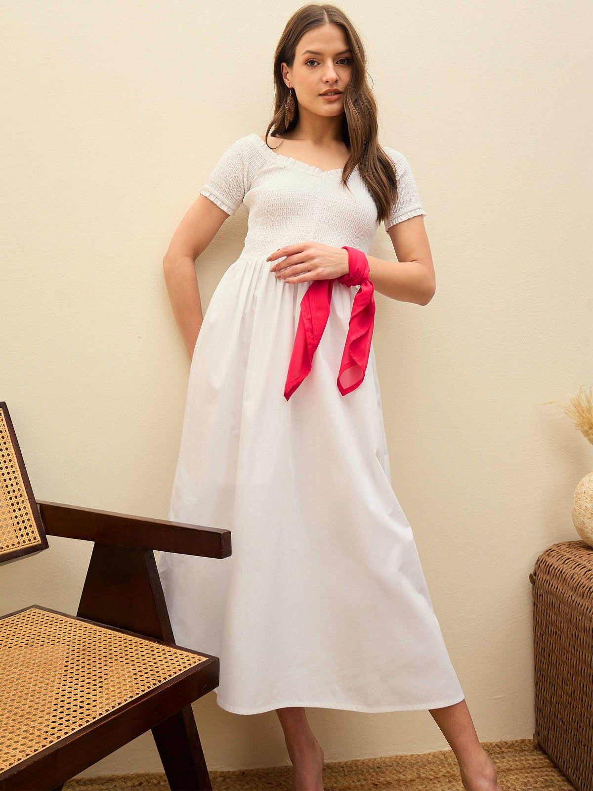 Women White Poplin Smocked Midi Dress-SFDRSS13135-White