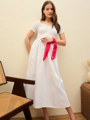 Women White Poplin Smocked Midi Dress-SFDRSS13135-White