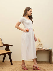 Women White Poplin Smocked Midi Dress-SFDRSS13135-White