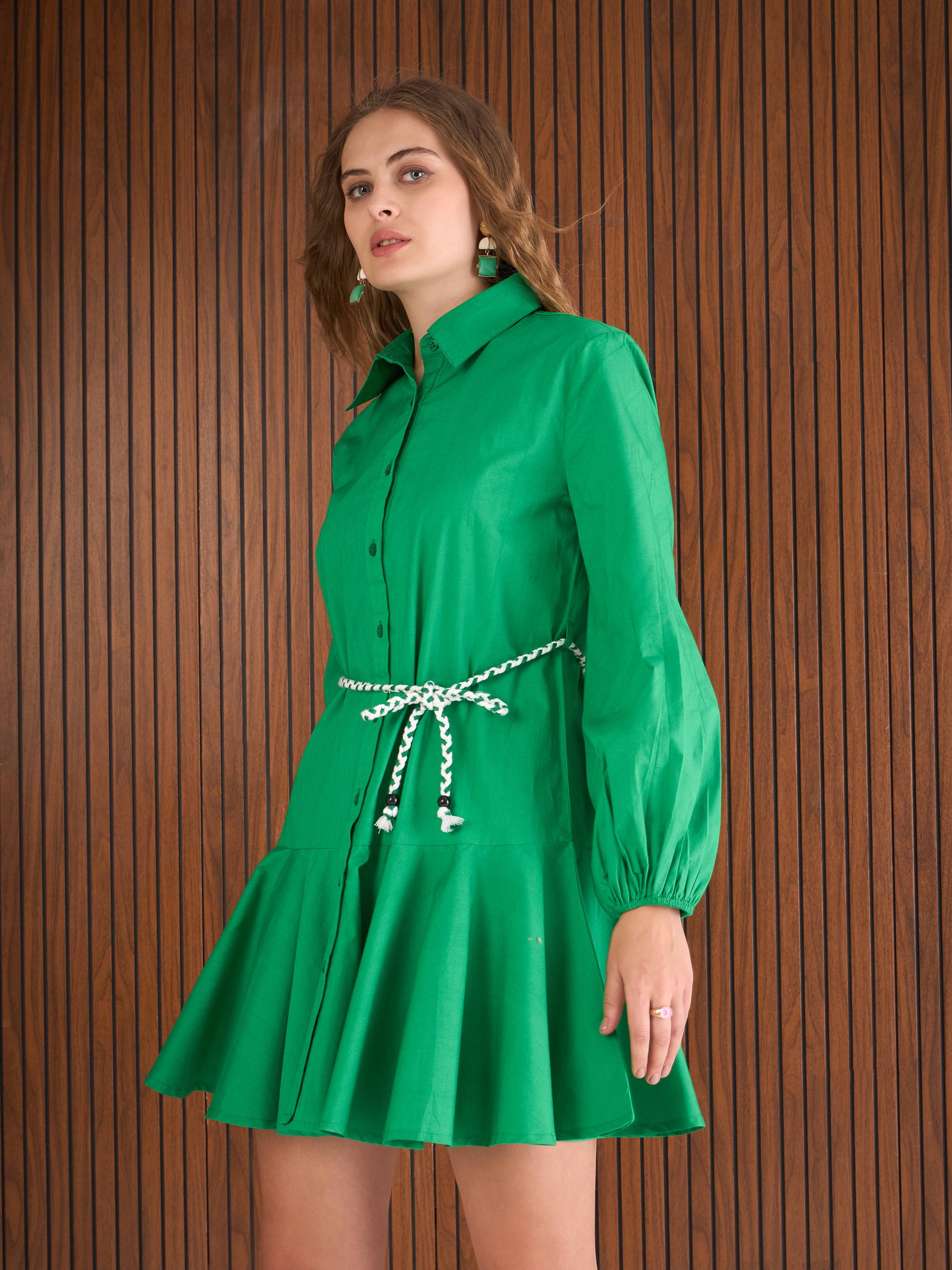 Women Green Poplin Flared Skater Dress-SFDRSS13136