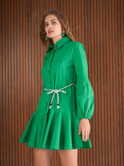 Women Green Poplin Flared Skater Dress-SFDRSS13136