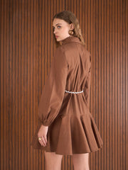 Women Brown Poplin Flared Skater Dress-SFDRSS13137