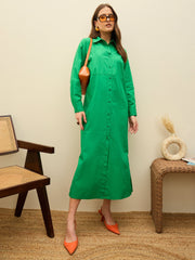 Women Green Poplin Longline Shirt Dress-SFDRSS13138