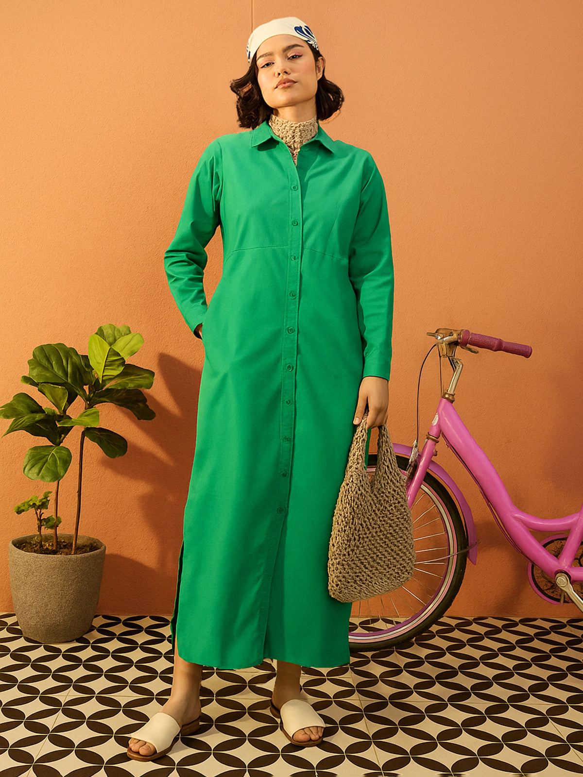 Women Green Poplin Longline Shirt Dress-SFDRSS13138
