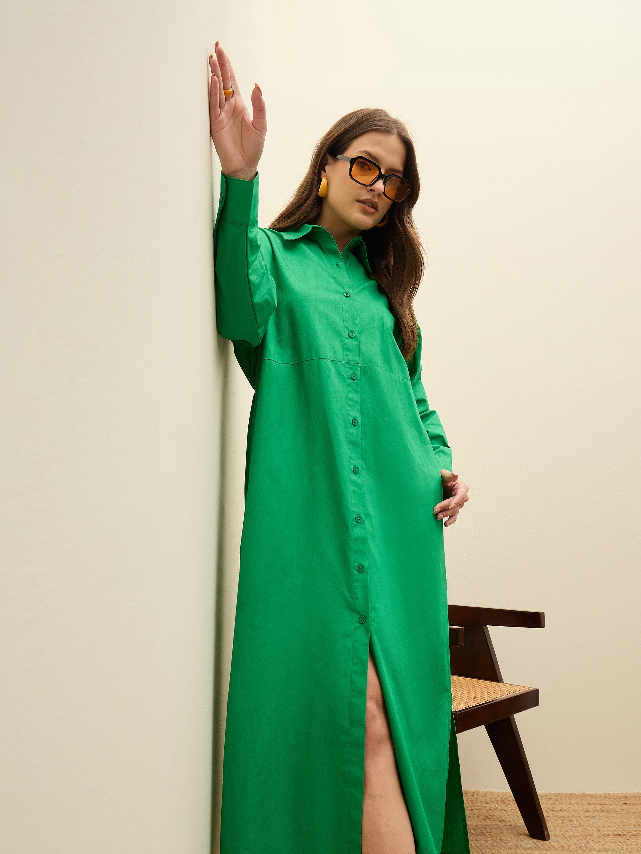 Women Green Poplin Longline Shirt Dress-SFDRSS13138