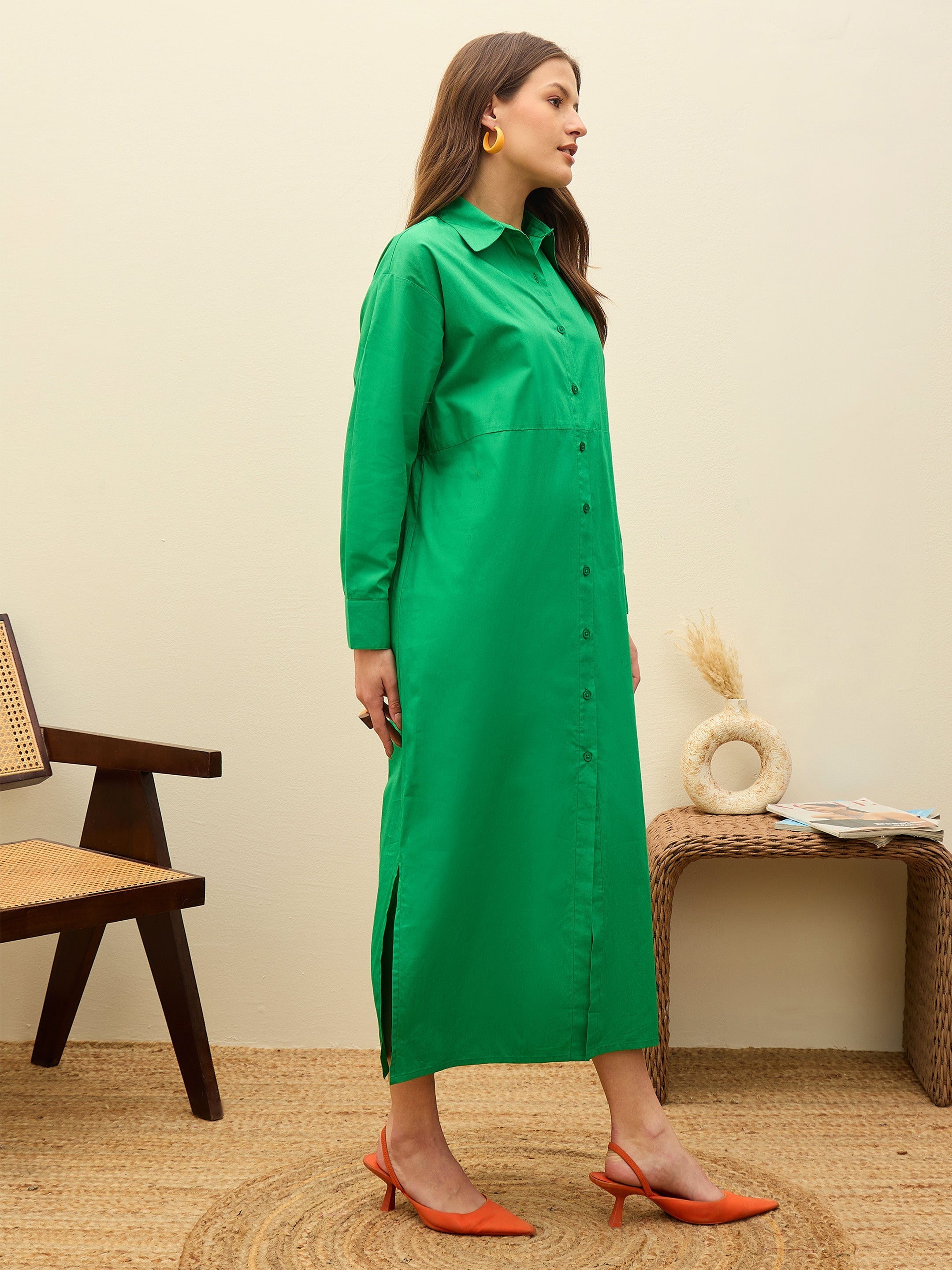 Women Green Poplin Longline Shirt Dress-SFDRSS13138