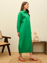 Women Green Poplin Longline Shirt Dress-SFDRSS13138