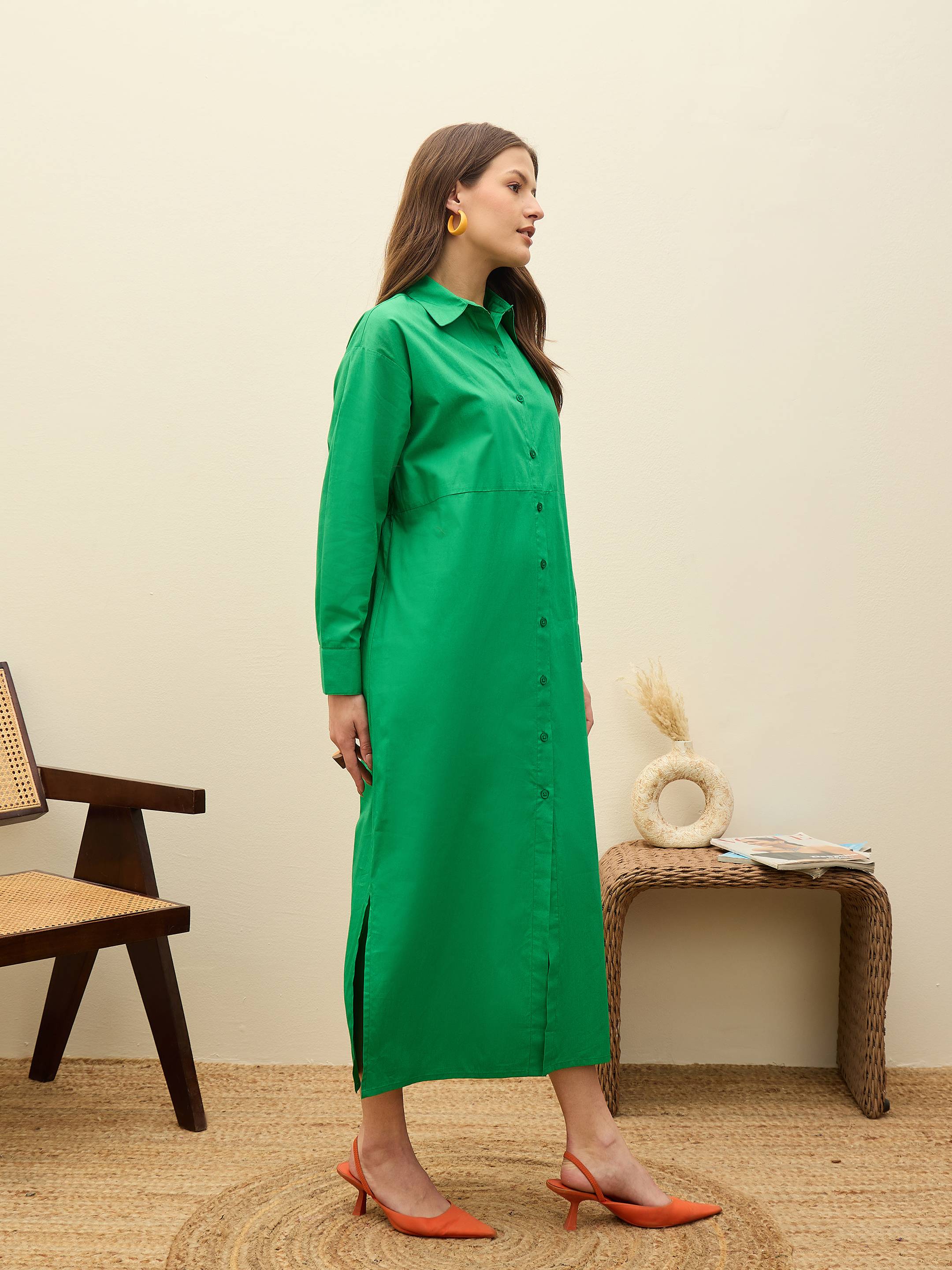 Women Green Poplin Longline Shirt Dress-SFDRSS13138-Green