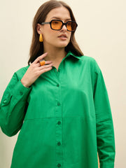 Women Green Poplin Longline Shirt Dress-SFDRSS13138-Green