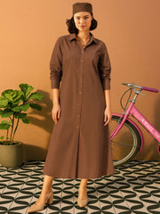Women Brown Poplin Longline Shirt Dress-SFDRSS13139