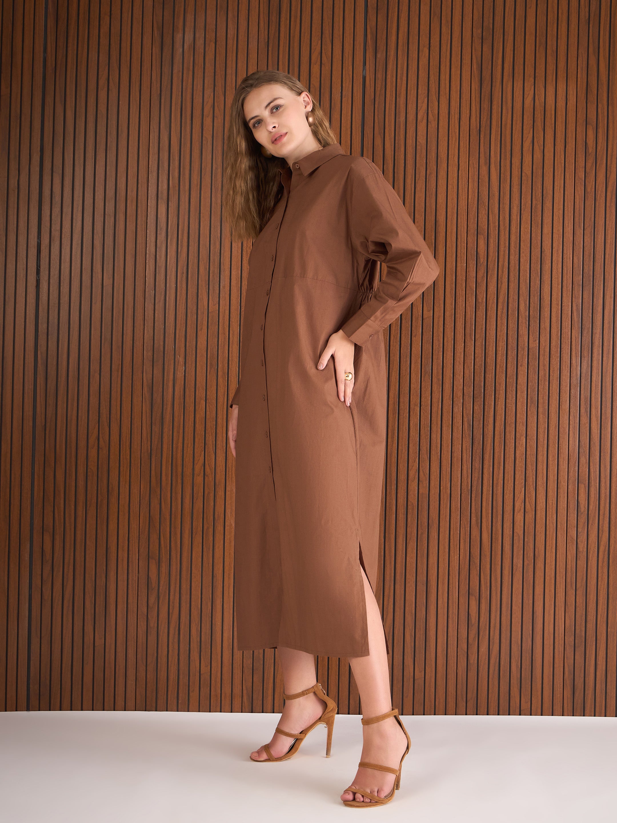 Women Brown Poplin Longline Shirt Dress-SFDRSS13139
