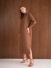 Women Brown Poplin Longline Shirt Dress-SFDRSS13139