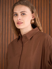 Women Brown Poplin Longline Shirt Dress-SFDRSS13139
