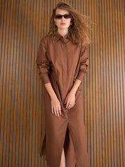 Women Brown Poplin Longline Shirt Dress-SFDRSS13139-Brown