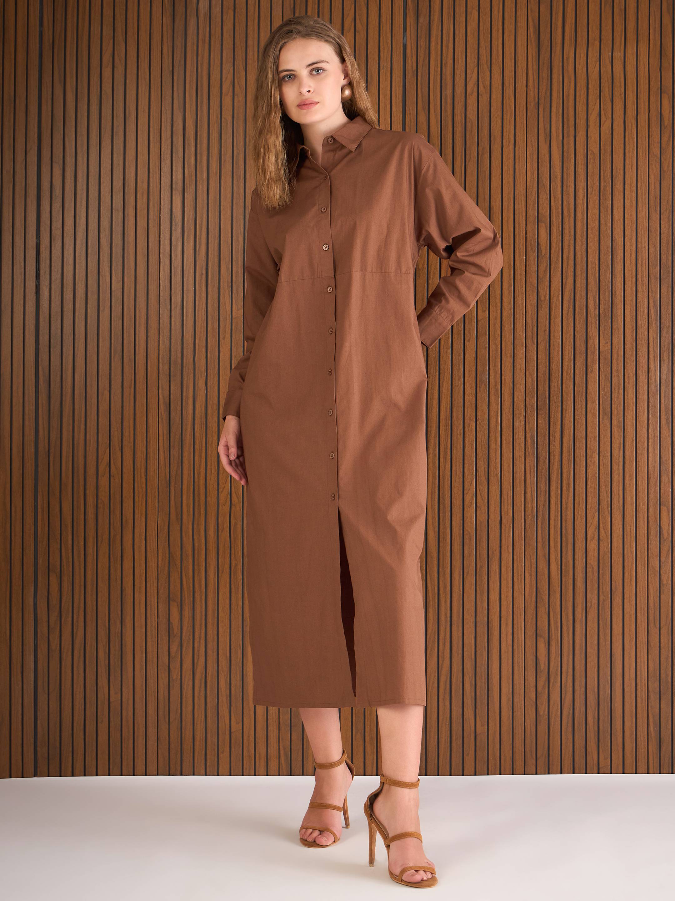 Women Brown Poplin Longline Shirt Dress-SFDRSS13139-Brown Brown / M Women Brown Poplin Longline Shirt Dress-SFDRSS13139-Brown Brown / M