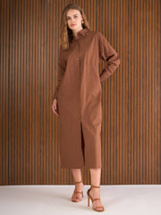 Women Brown Poplin Longline Shirt Dress-SFDRSS13139-Brown