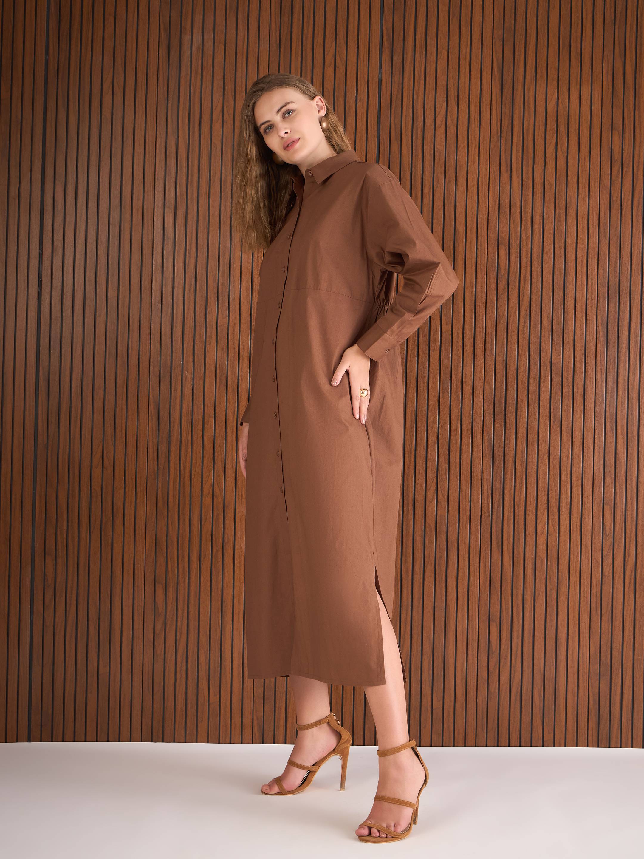 Women Brown Poplin Longline Shirt Dress-SFDRSS13139-Brown