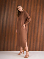Women Brown Poplin Longline Shirt Dress-SFDRSS13139-Brown