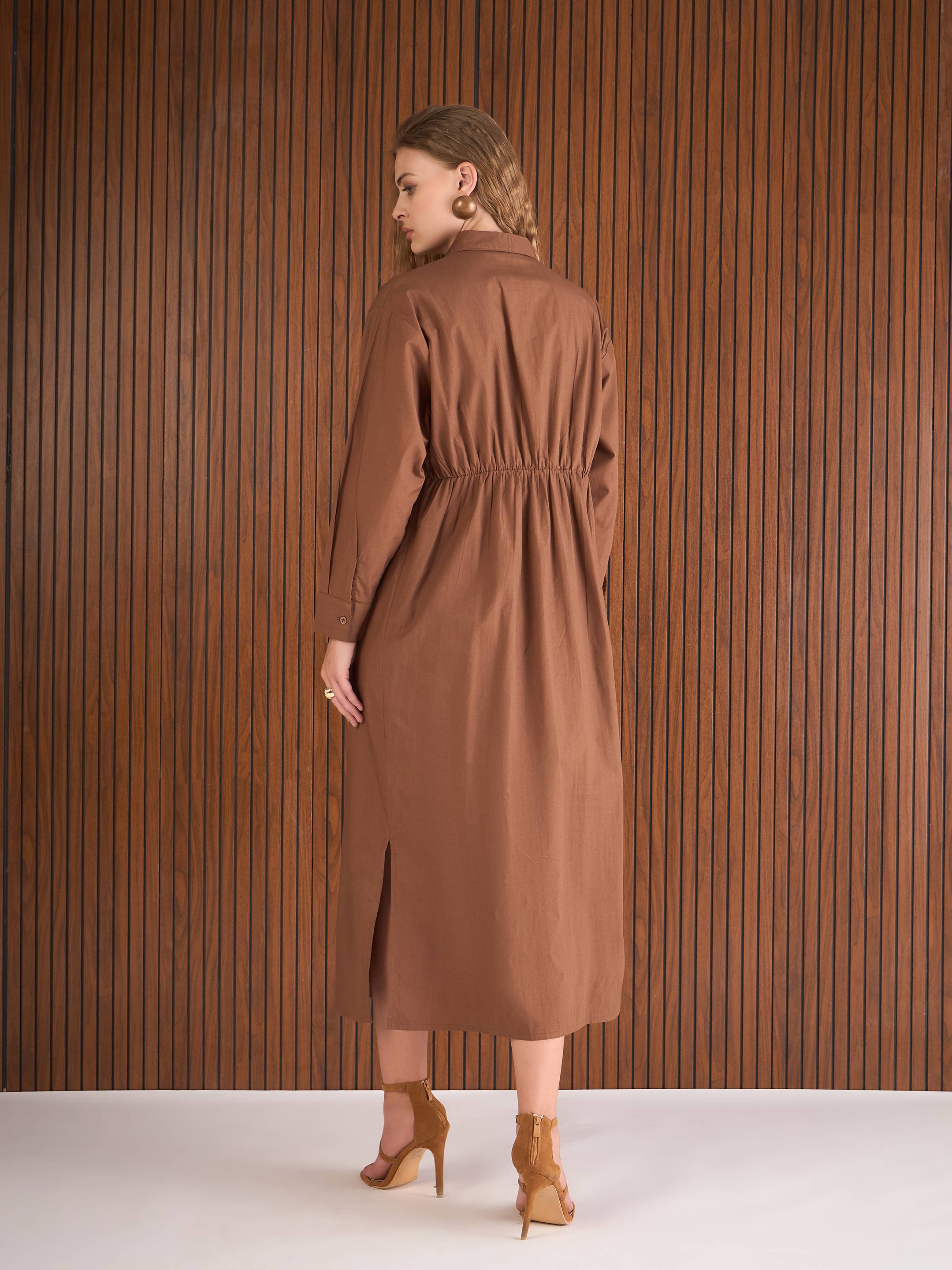 Women Brown Poplin Longline Shirt Dress-SFDRSS13139-Brown