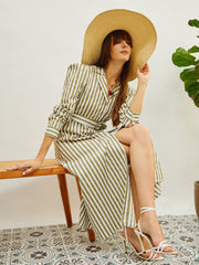 Women Green & White Striped Poplin Belted Shirt Dress-SFDRSS13140