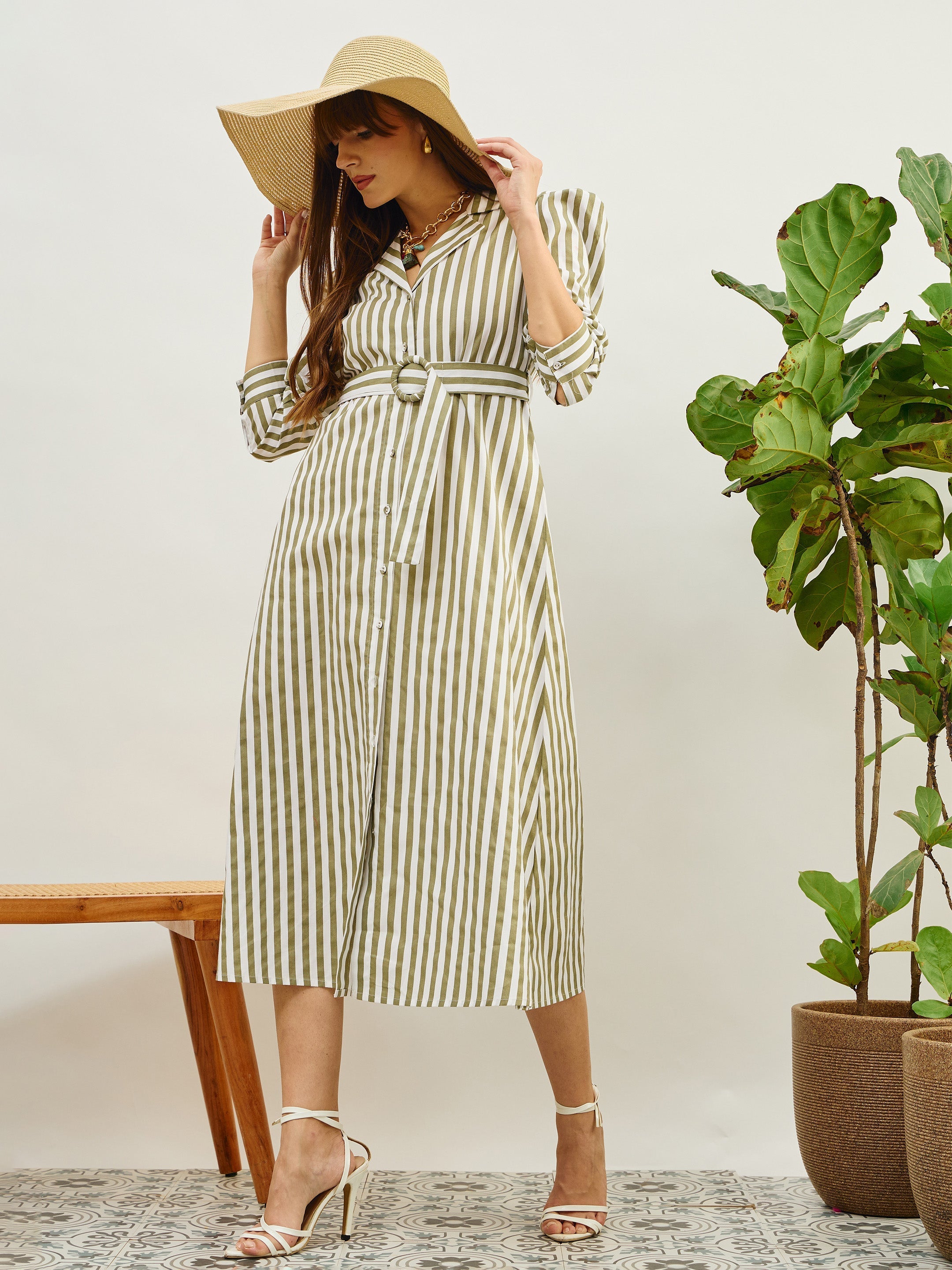 Women Green & White Striped Poplin Belted Shirt Dress-SFDRSS13140