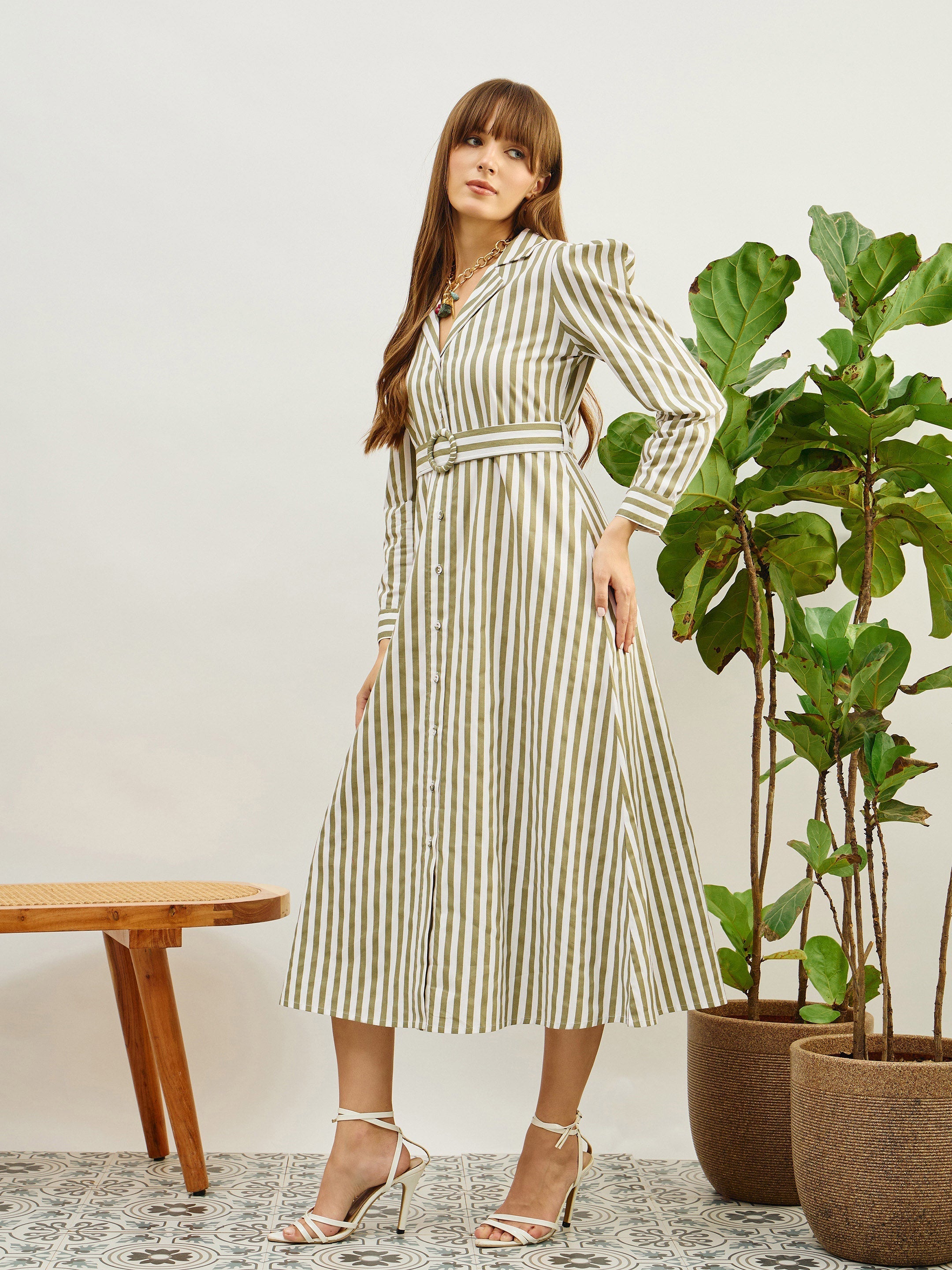 Women Green & White Striped Poplin Belted Shirt Dress-SFDRSS13140