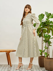 Women Green & White Striped Poplin Belted Shirt Dress-SFDRSS13140