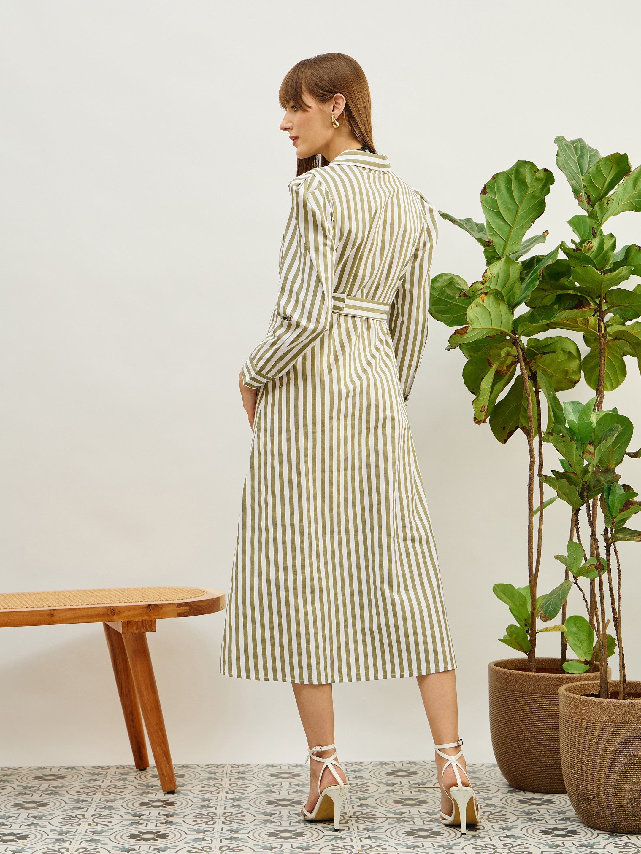 Women Green & White Striped Poplin Belted Shirt Dress-SFDRSS13140