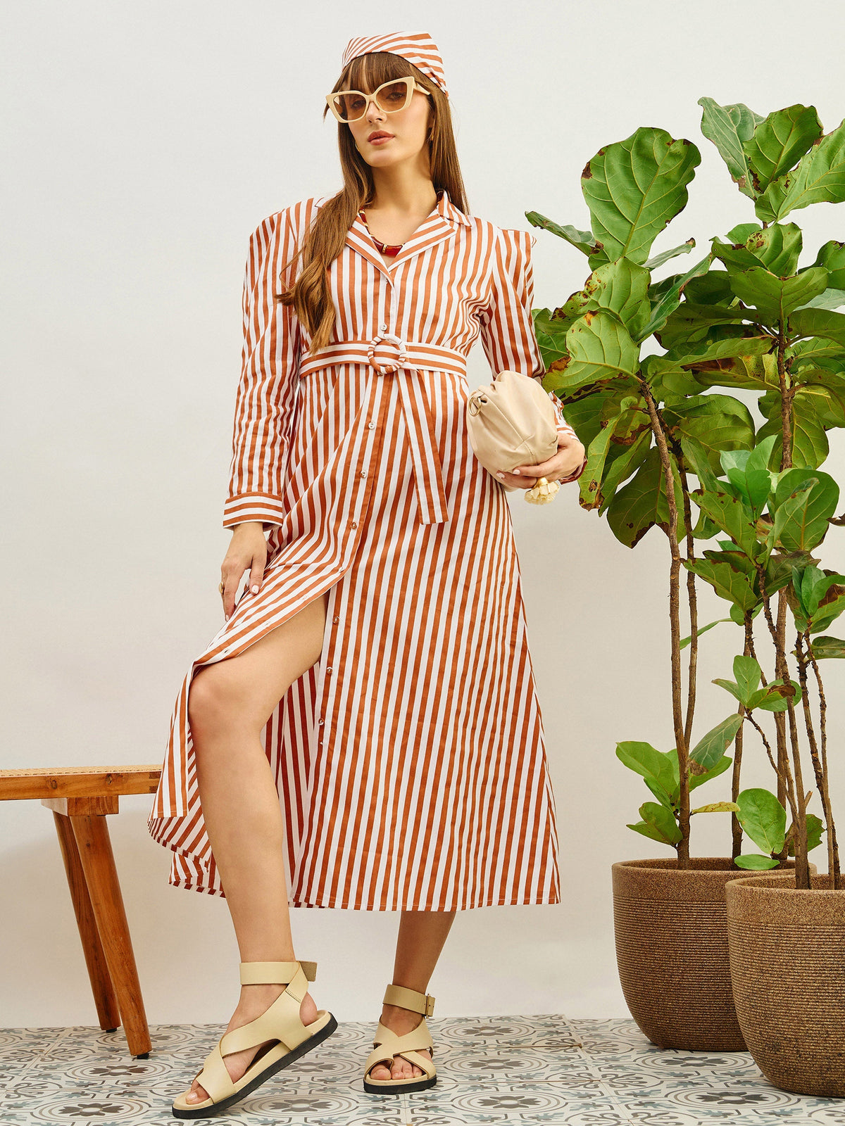 Women Brown & White Striped Poplin Belted Shirt Dress-SFDRSS13141