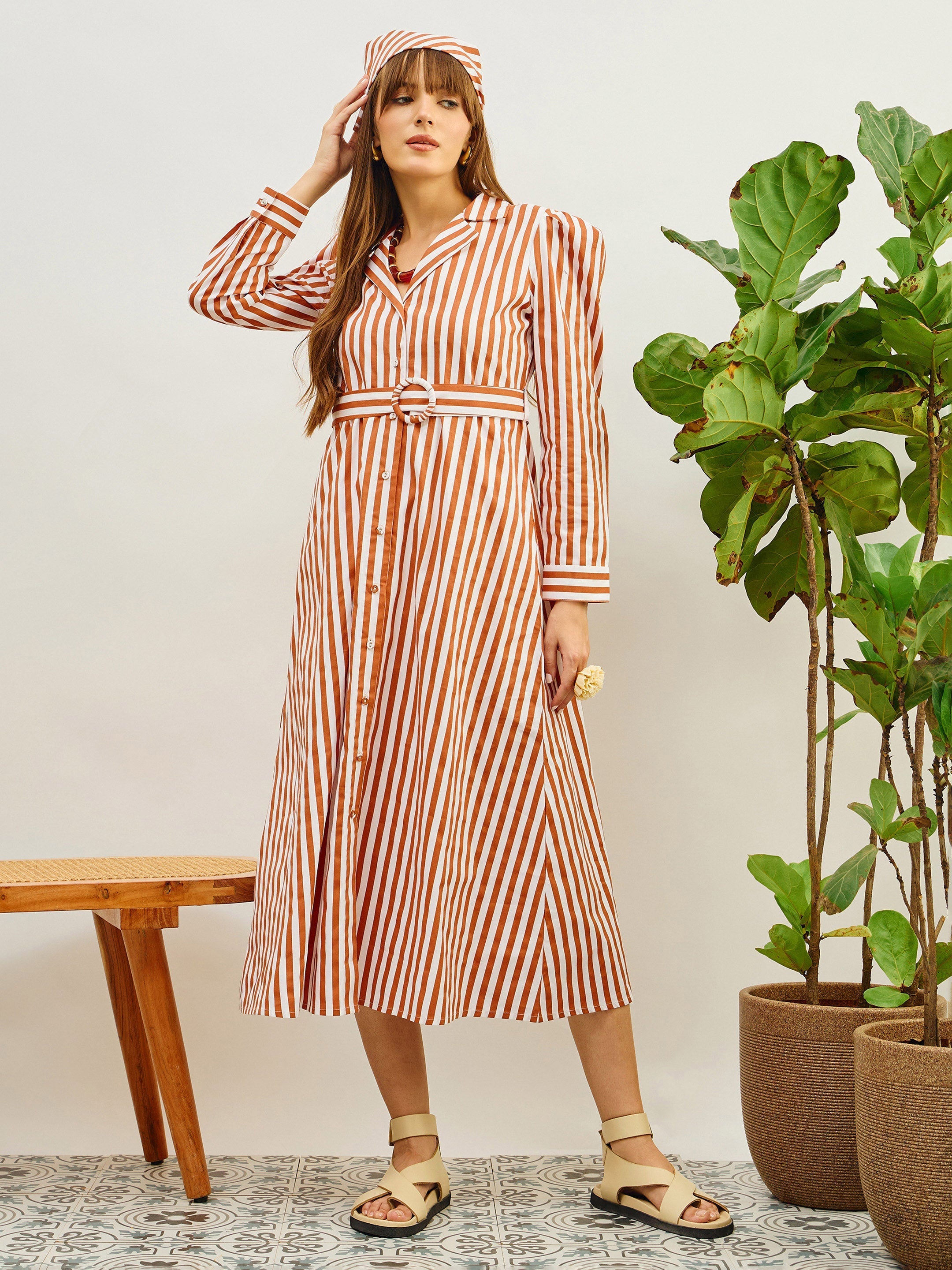 Women Brown & White Striped Poplin Belted Shirt Dress-SFDRSS13141