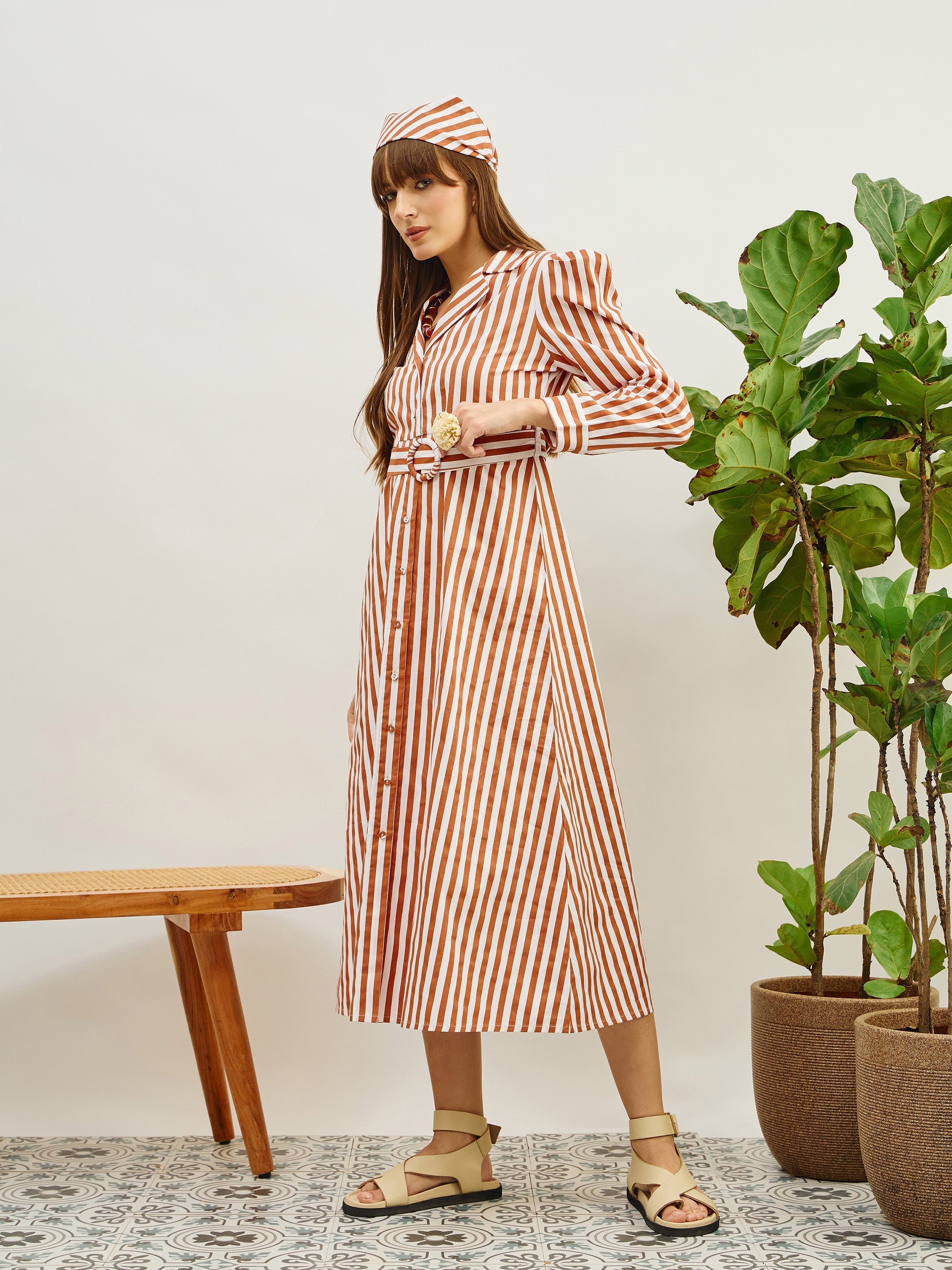 Women Brown & White Striped Poplin Belted Shirt Dress-SFDRSS13141