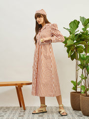 Women Brown & White Striped Poplin Belted Shirt Dress-SFDRSS13141