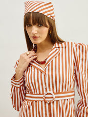 Women Brown & White Striped Poplin Belted Shirt Dress-SFDRSS13141