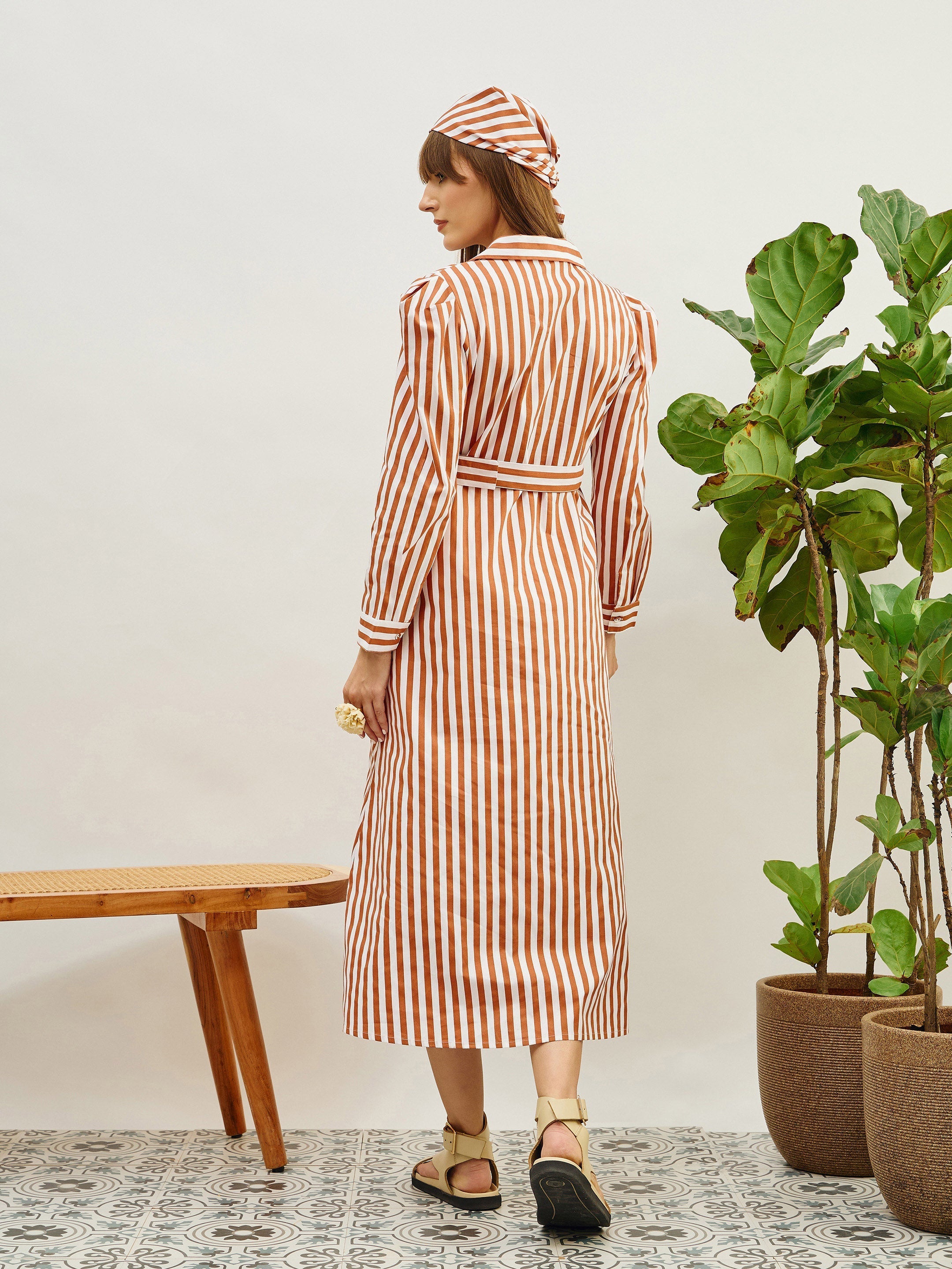 Women Brown & White Striped Poplin Belted Shirt Dress-SFDRSS13141