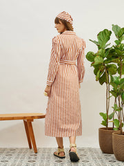 Women Brown & White Striped Poplin Belted Shirt Dress-SFDRSS13141