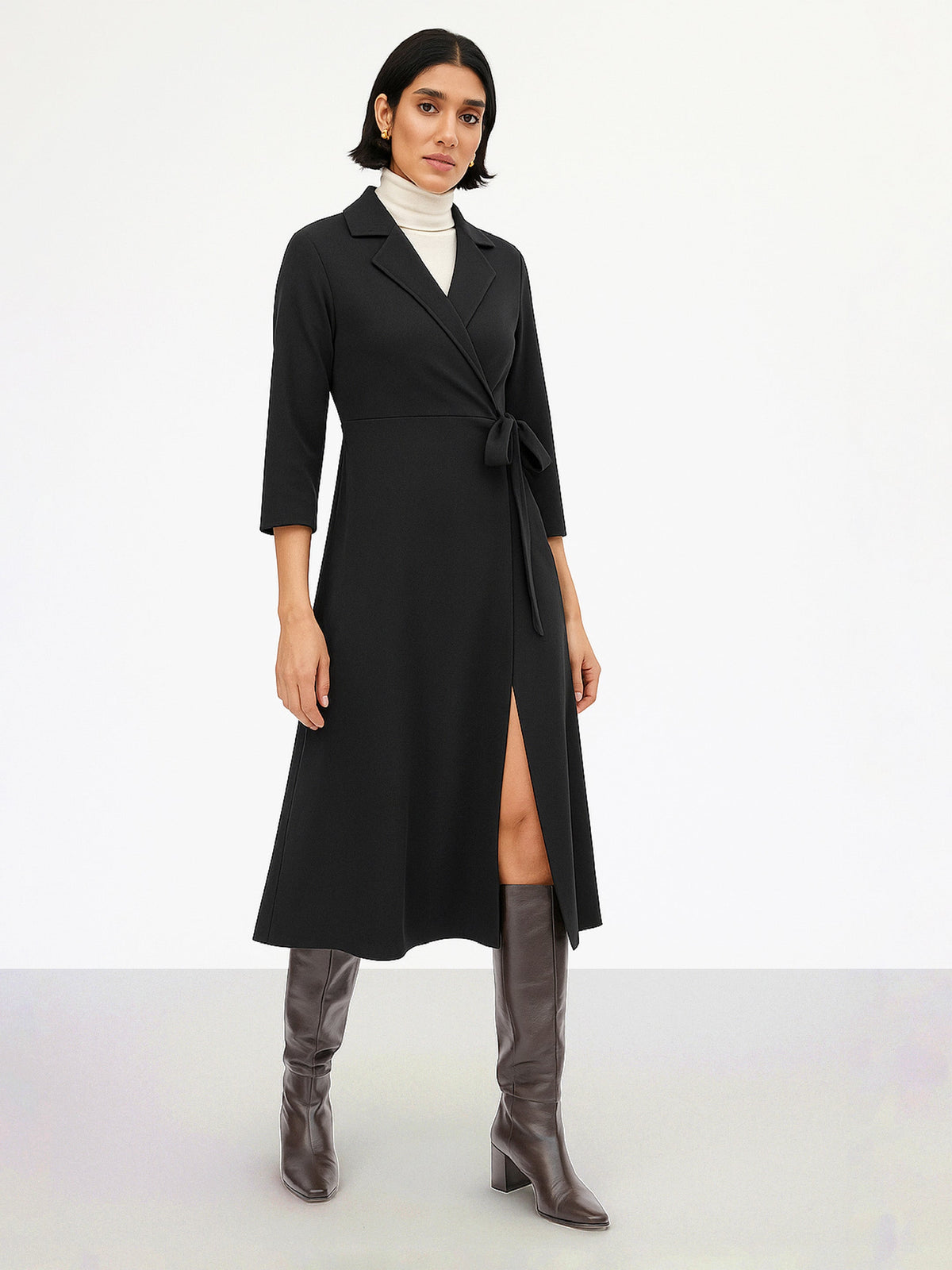 Women Black Notch Collar Wrap Midi Dress-SFDRSS13142