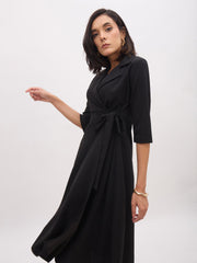 Women Black Notch Collar Wrap Midi Dress-SFDRSS13142