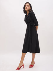 Women Black Notch Collar Wrap Midi Dress-SFDRSS13142