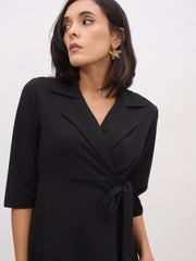 Women Black Notch Collar Wrap Midi Dress-SFDRSS13142