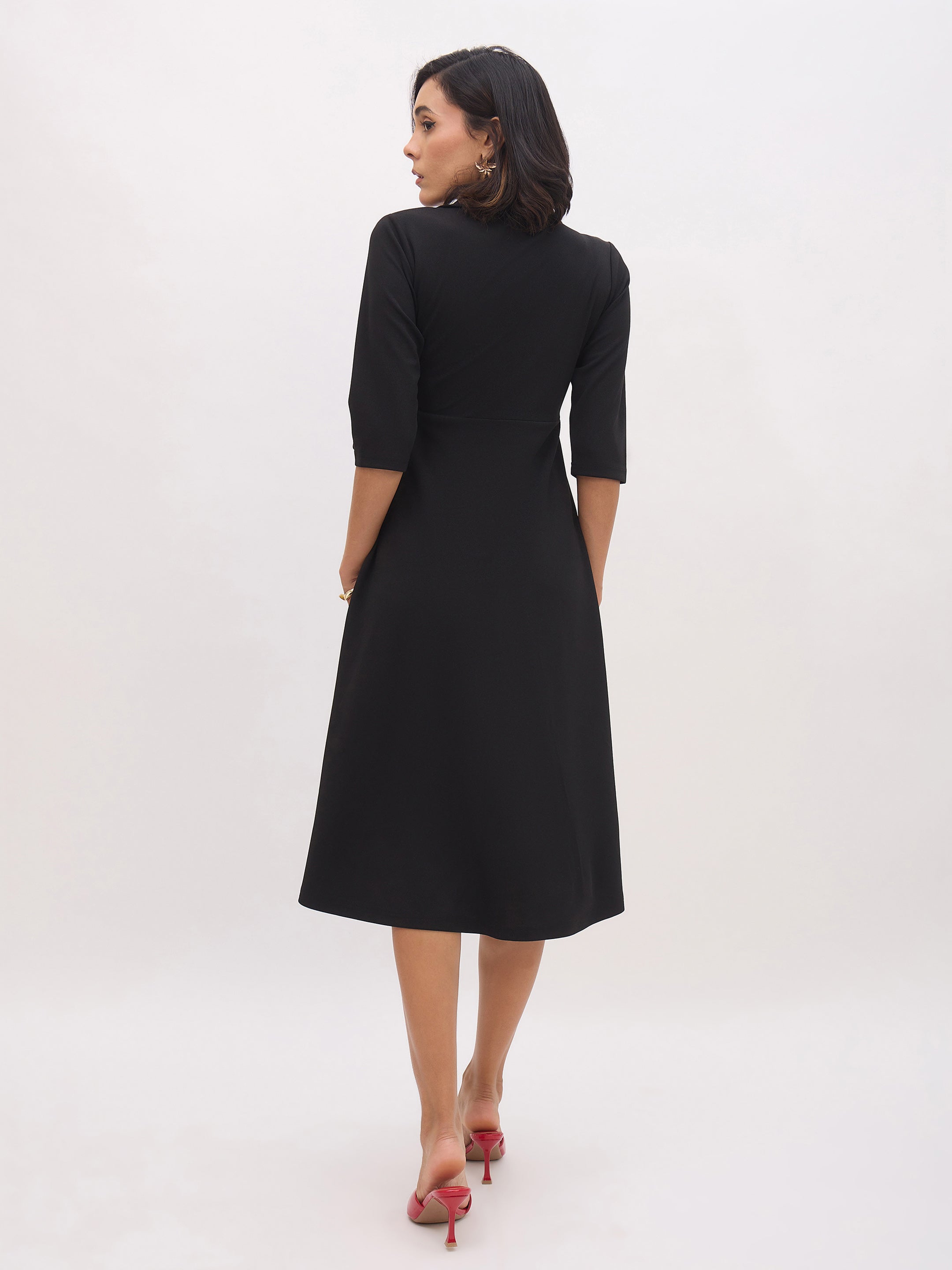 Women Black Notch Collar Wrap Midi Dress-SFDRSS13142