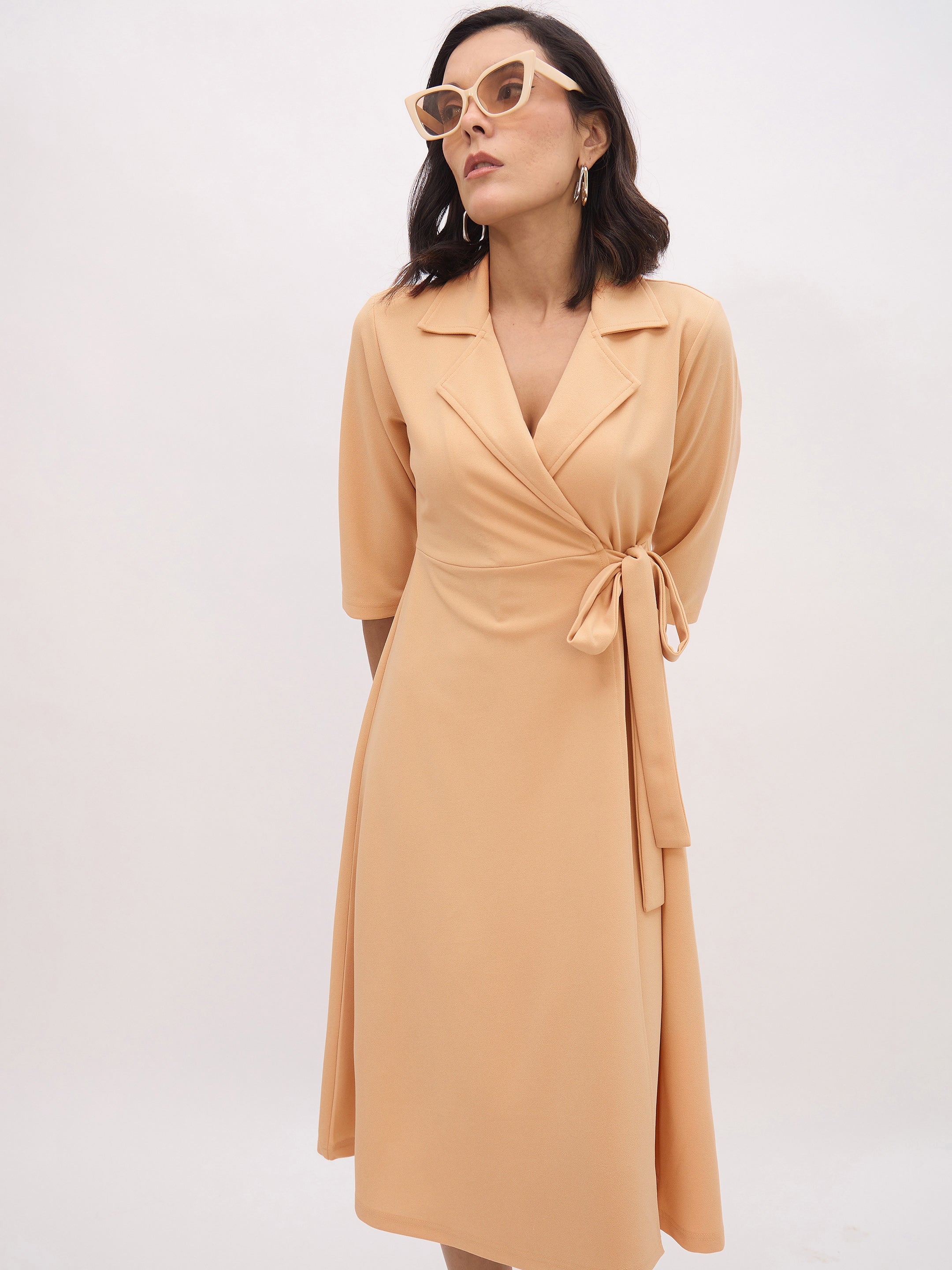Women Beige Notch Collar Wrap Midi Dress-SFDRSS13143