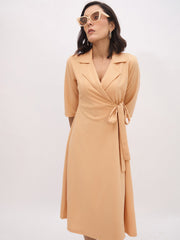 Women Beige Notch Collar Wrap Midi Dress-SFDRSS13143