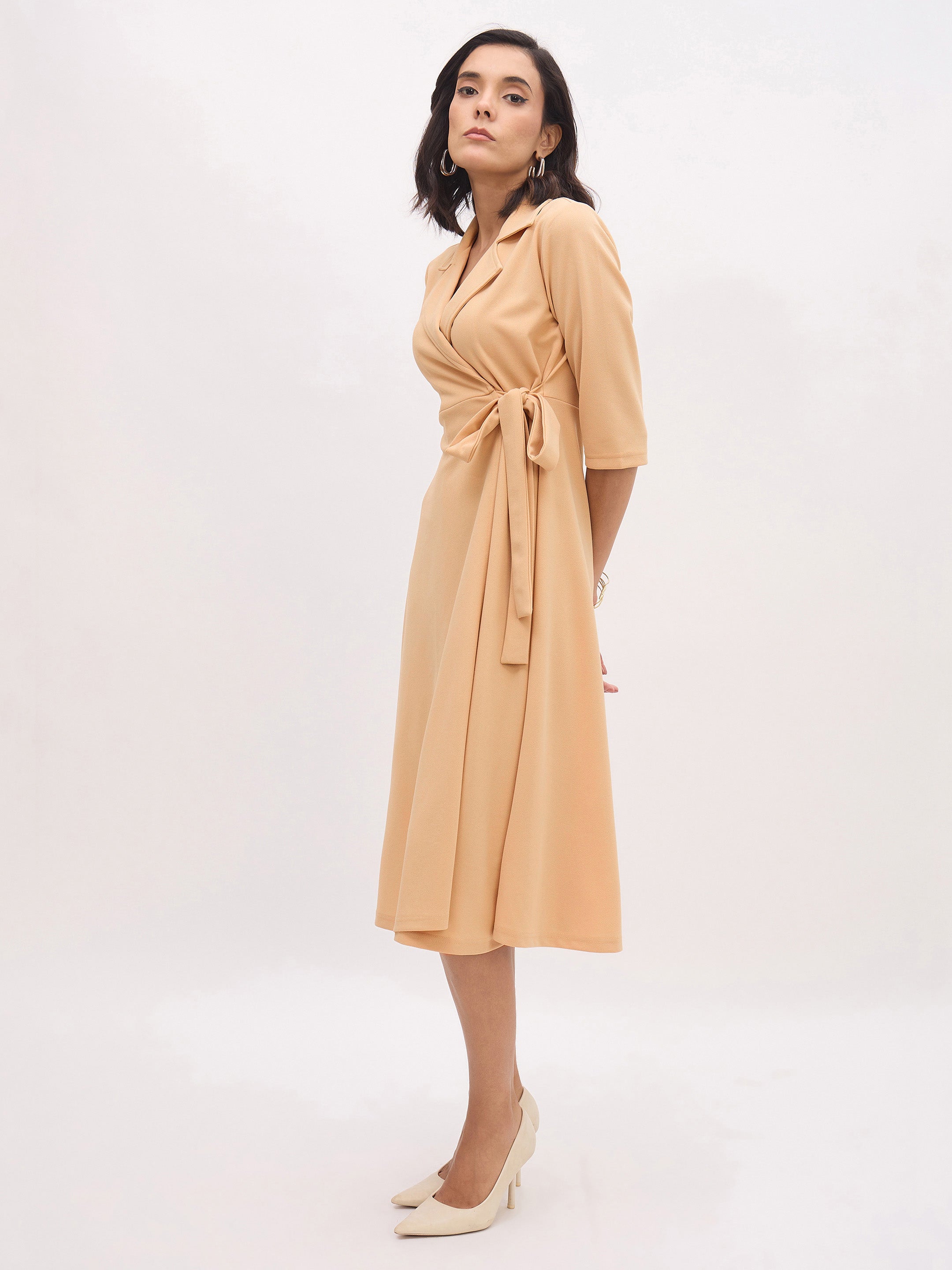 Women Beige Notch Collar Wrap Midi Dress-SFDRSS13143