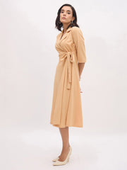 Women Beige Notch Collar Wrap Midi Dress-SFDRSS13143