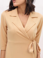 Women Beige Notch Collar Wrap Midi Dress-SFDRSS13143