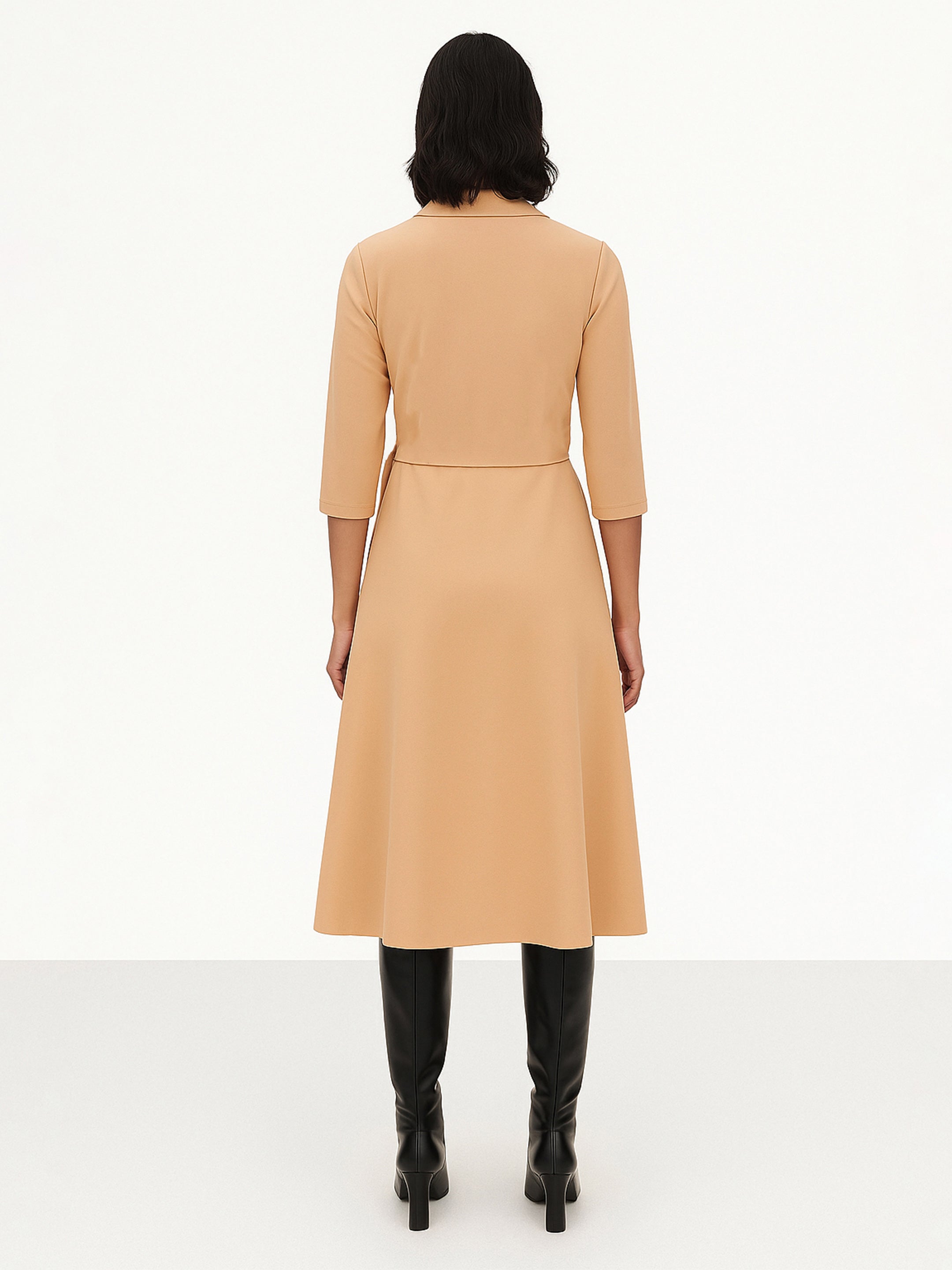 Women Beige Notch Collar Wrap Midi Dress-SFDRSS13143