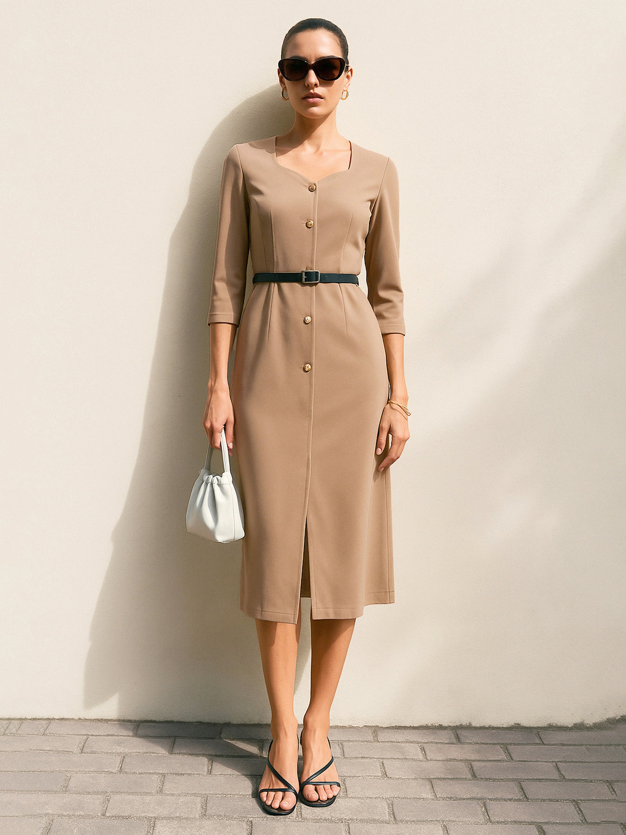 Women Beige Sweetheart Neck Midi Dress With PU Belt-SFDRSS13144