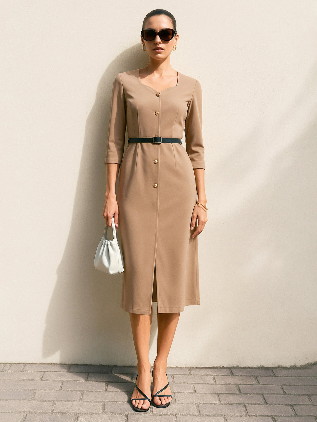 Women Beige Sweetheart Neck Midi Dress With PU Belt-SFDRSS13144