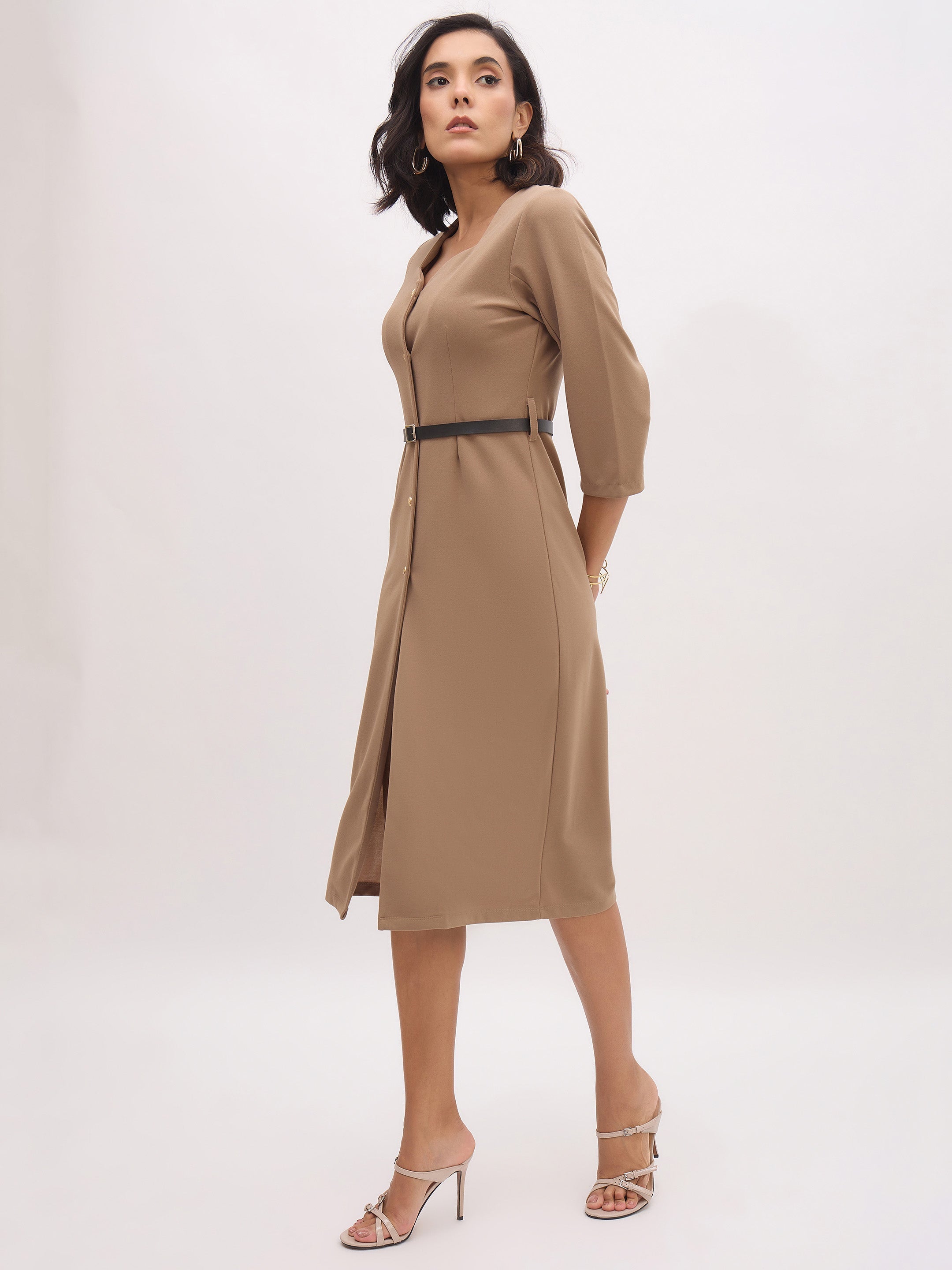 Women Beige Sweetheart Neck Midi Dress With PU Belt-SFDRSS13144